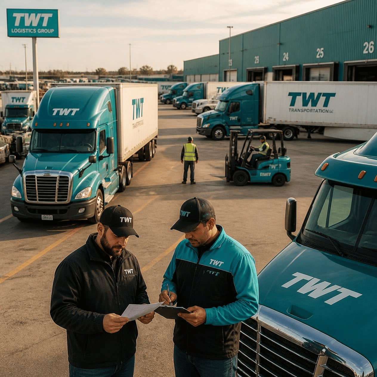 Truck yard with trailers and drivers
