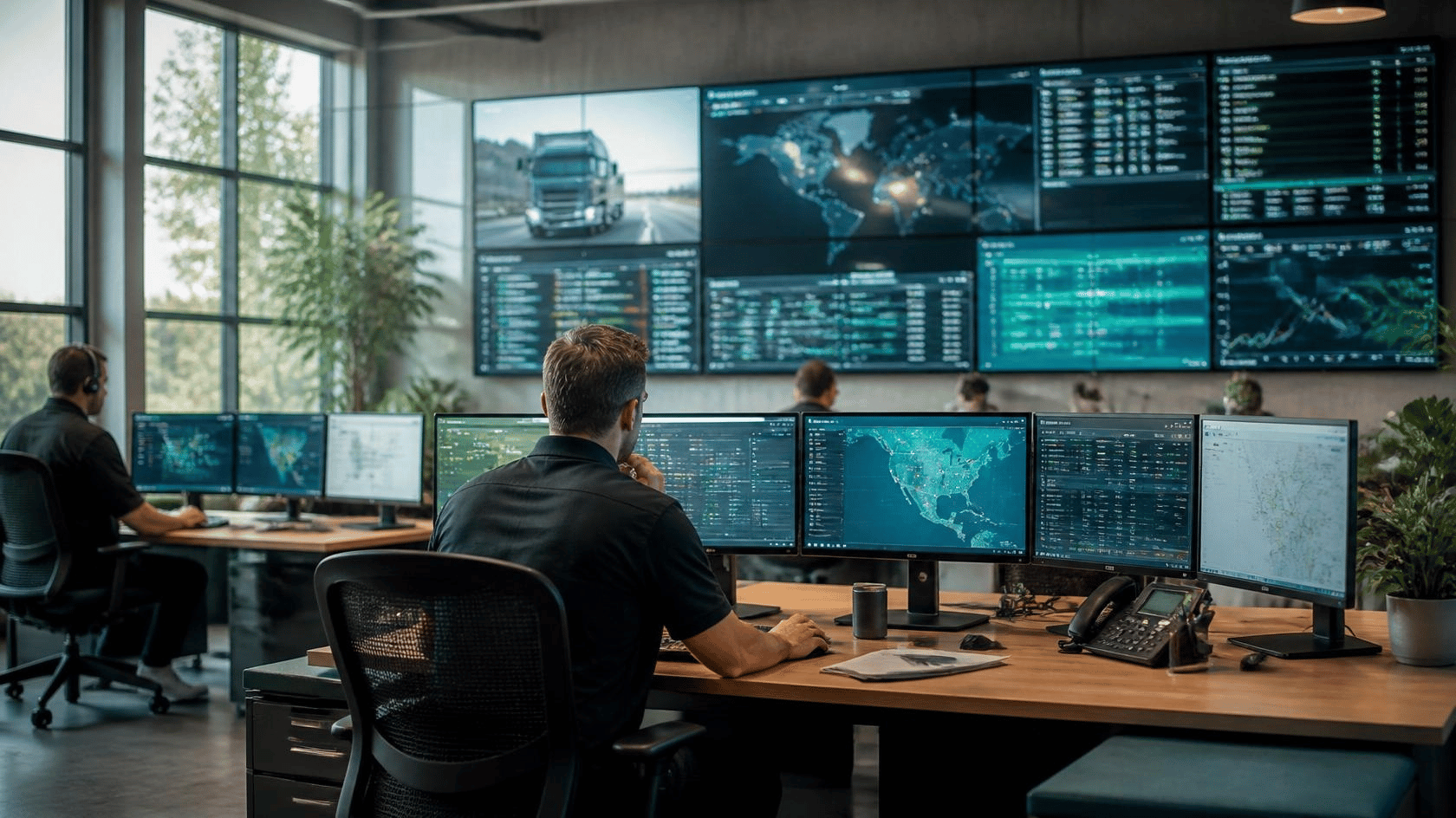 Logistics control room with freight dashboards
