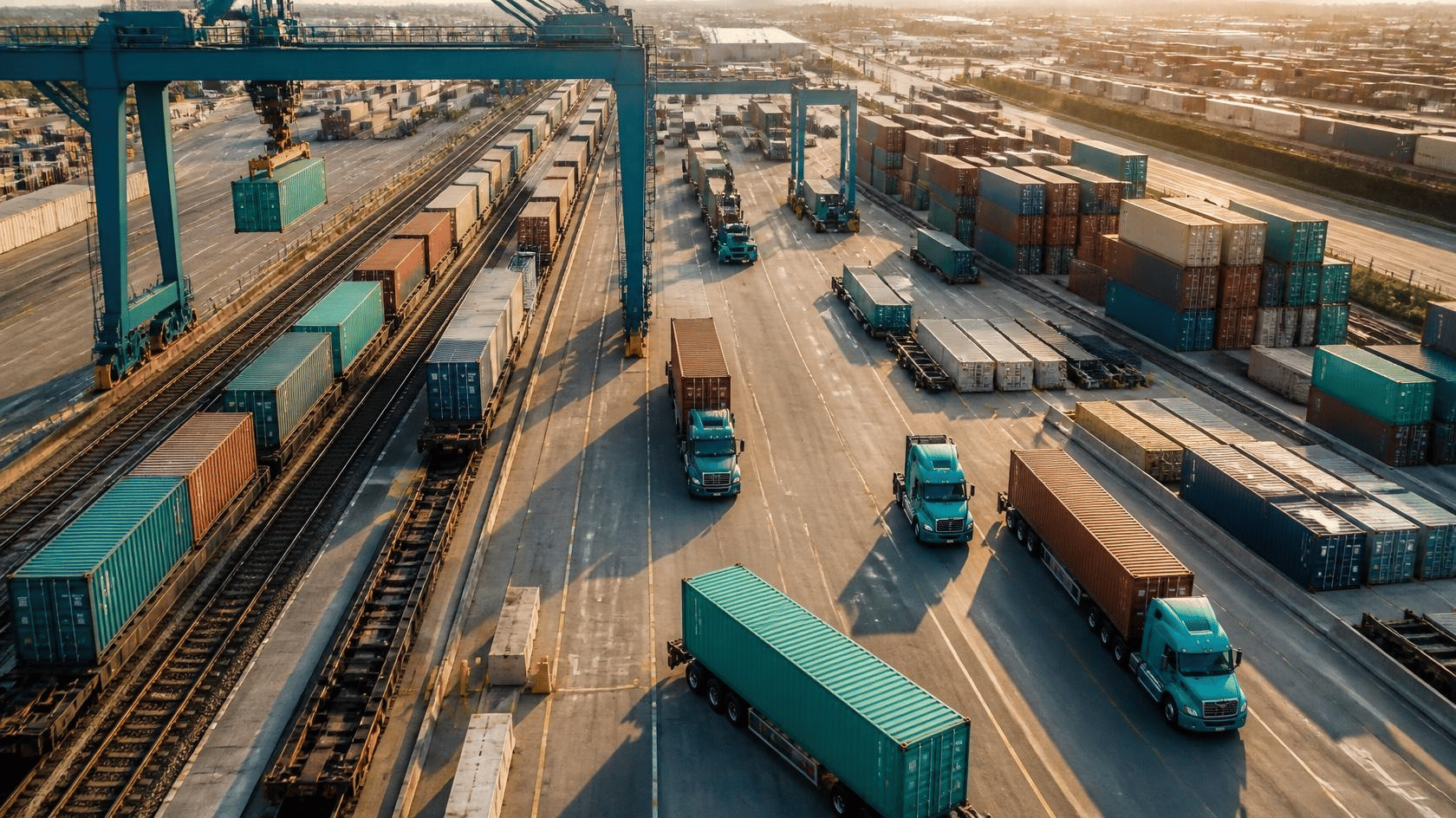 Intermodal yard with containers and trucks
